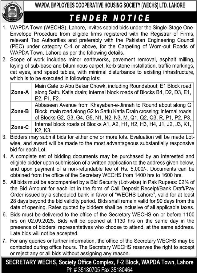 Wapda Employees Cooperative Housing Society Lahore Tender Notice-1